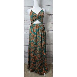 Shein Womens Dress Size Medium Coral Green Floral Twist Front Tie Back Maxi Slit